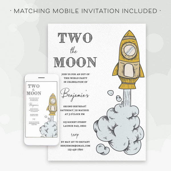 Loblolly Creative Digital Template Two the Moon Space Birthday Invitation