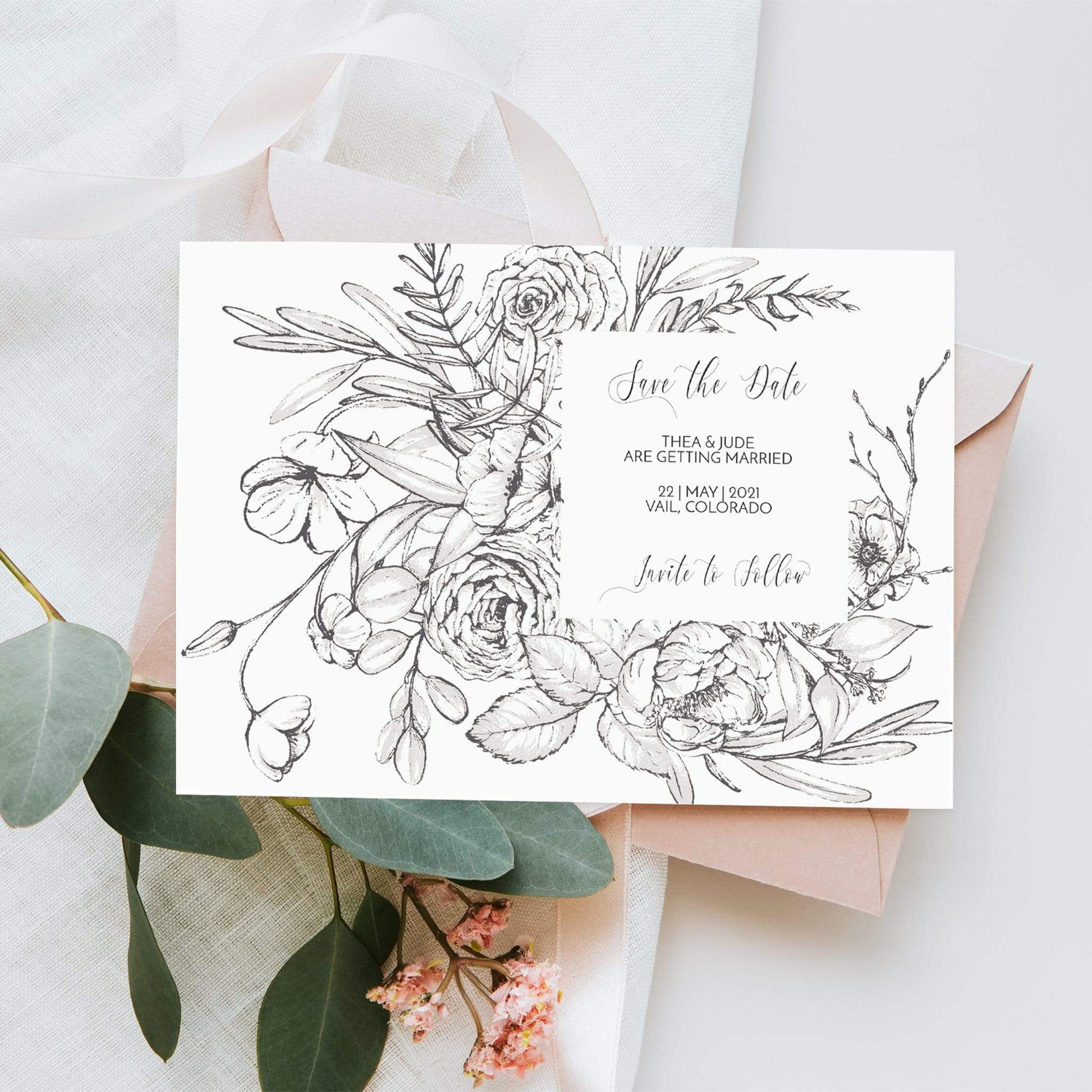 Loblolly Creative Digital Template Vintage Ink Floral Save the Date