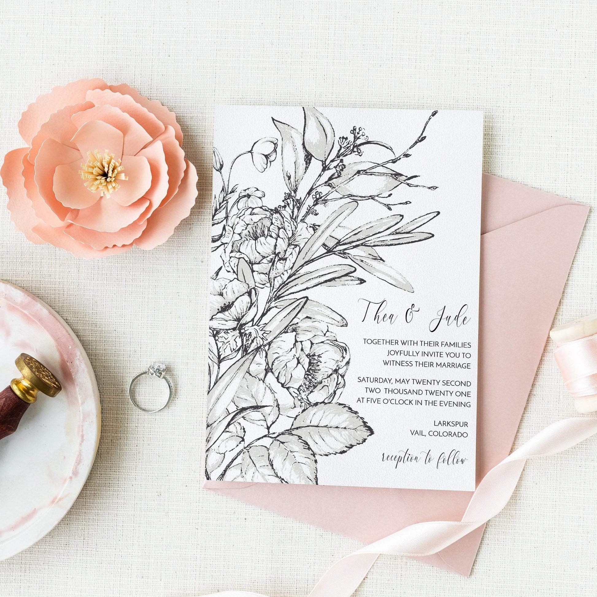 Loblolly Creative Digital Template Vintage Ink Floral Wedding Invitation