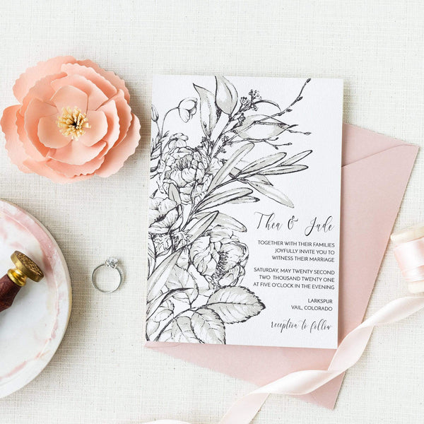 Loblolly Creative Digital Template Vintage Ink Floral Wedding Invitation