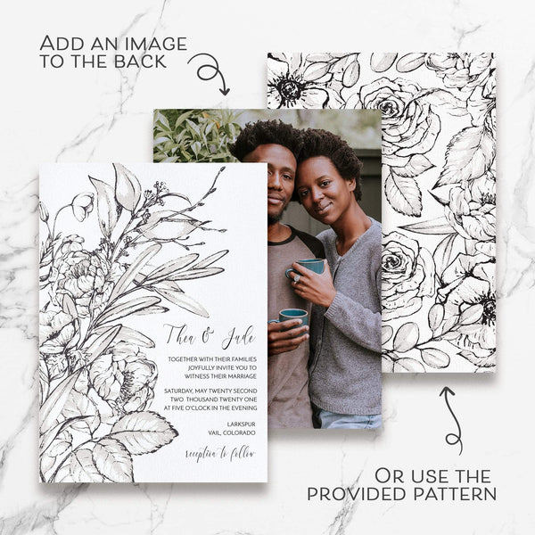 Loblolly Creative Digital Template Vintage Ink Floral Wedding Invitation