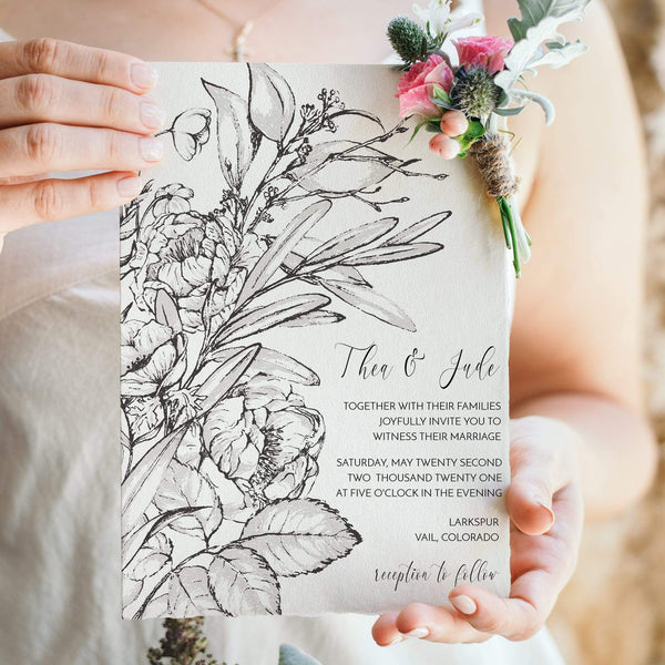 Loblolly Creative Digital Template Vintage Ink Floral Wedding Invitation
