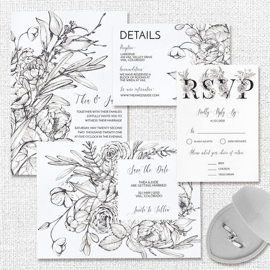 Loblolly Creative Digital Template Vintage Ink Floral Wedding Suite