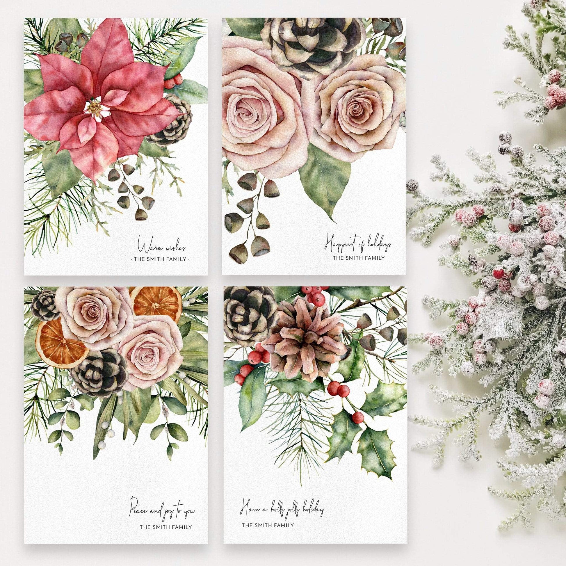 Loblolly Creative Digital Template Watercolor Holiday Floral Card, Set of 4
