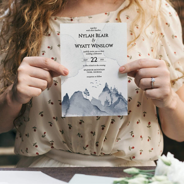 Loblolly Creative Digital Template Watercolor Mountains Wedding Invitation