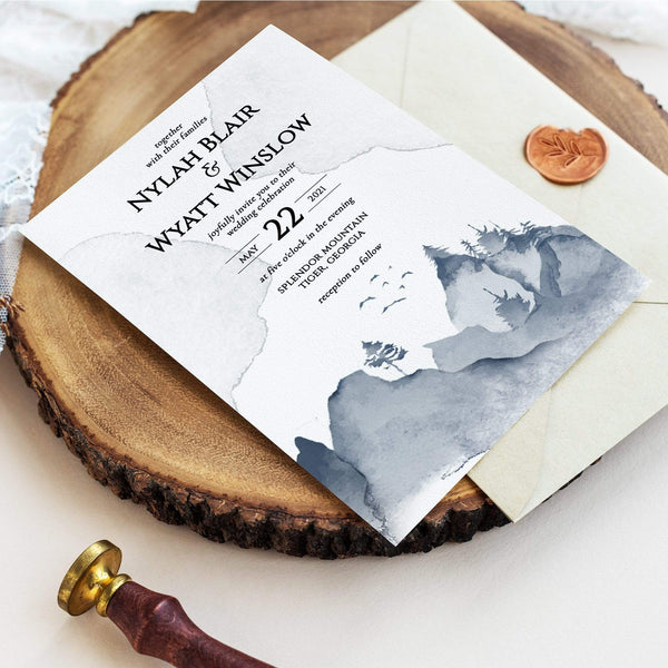 Loblolly Creative Digital Template Watercolor Mountains Wedding Invitation