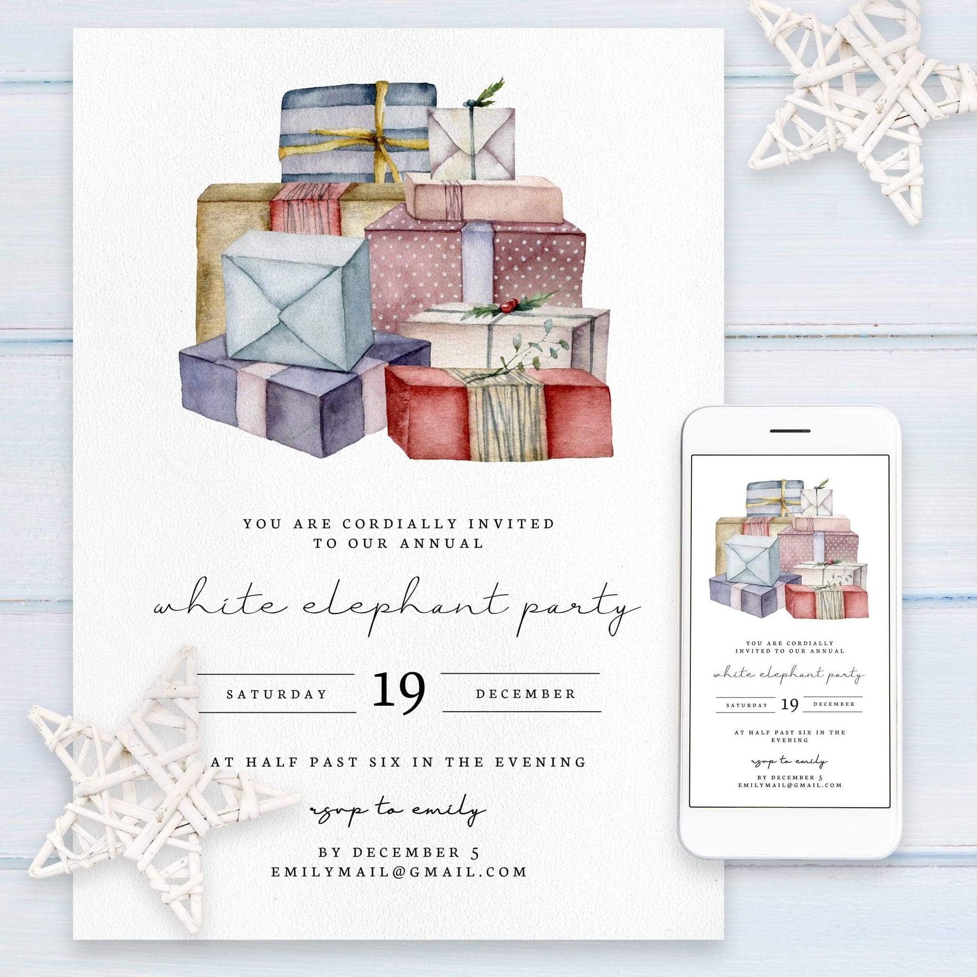 Loblolly Creative Digital Template White Elephant Christmas Party Invitation